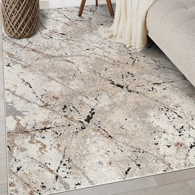 Rugshop Drifted Marble Abstract Area Rug Durable, Kid & Pet Friendly Gray, Ivory, Neutral Tones 4' x 6' Ideal Under Coffee Tables, Desks, or in Small Dining Areas