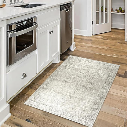 ReaLife Rugs Machine Washable Area Rug - Living Room Bedroom Bathroom Kitchen Entryway Office - Padded Crease Free Stain Resistant Premium - Boho Farmhouse Vintage- Lyle- Beige Ivory- 2'x 3'