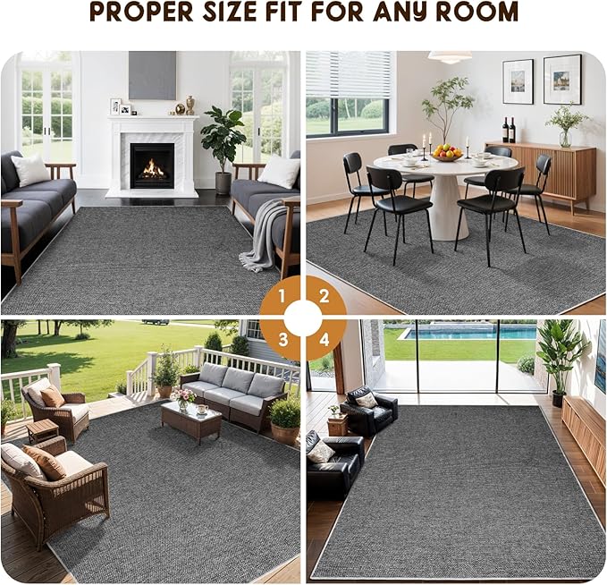 LBRO2M Easy Jute Solid Area Rug 6X9 Washable Rugs for Living Room Bedroom Natural Jute Look Indoor Outdoor Rug Durable, Solid Non Shedding Eco Friendly (6X9 Black Gray)