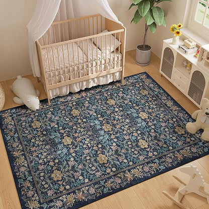 DUKINO 5x7 Area Rugs, Floral Washable Rugs for Bedroom with Non Slip Backing, Vintage Low Pile Indoor Floor Carpets for Bedroom, Living Room, Farmhouse, Home Office, Dining Room, Dark Blue