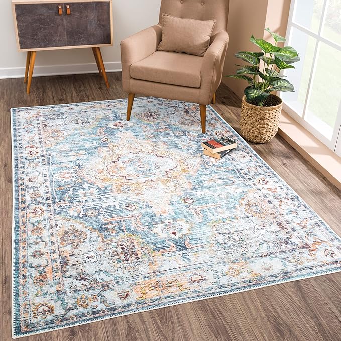 Bloom Rugs Washable Non-Slip 9' x 12' Rug - Teal/Peach Traditional Area Rug for Living Room, Bedroom, Dining Room, and Kitchen - Exact Size: 9' x 12'