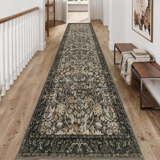 Washable Runner Rug 2x10: Vintage Boho Floral Carpet Runners for Hallway Entryway Non-Slip - Soft Botanical Low Pile Thin Mat for Kitchen Bathroom Bedroom Laundry Floor Decor - Dark Brown