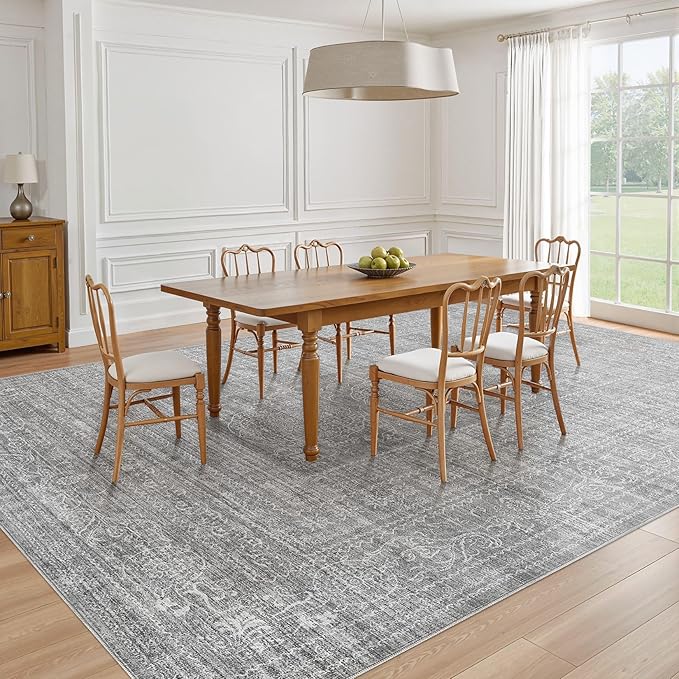 10x14 Area Rugs Living Room: Washable Large Vintage Grey Rug Neutral Non-Slip Soft Stain Resistant Indoor Carpet for Bedroom Nursery Dining Room Under Table Bed Home House Office Playroom