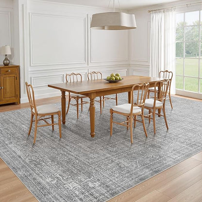 10x14 Area Rugs Living Room: Washable Large Vintage Grey Rug Neutral Non-Slip Soft Stain Resistant Indoor Carpet for Bedroom Nursery Dining Room Under Table Bed Home House Office Playroom