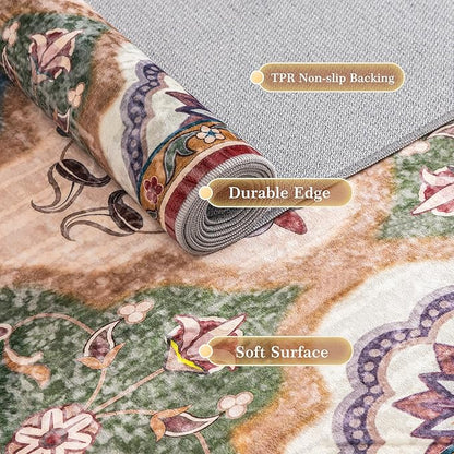 EnHomee Boho Chic 4x6 Washable Rug - Soft, Low Pile & Durable for High-Traffic Living Rooms & Bedrooms Stain Resistant, Non-Slip Easy Clean Carpet in Red&Green