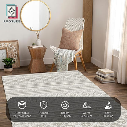 RUGSURE Washable Area Rugs 3' x 5 ' - 1/6 Thick - Moroccan-Inspired -Stain & Water Resistant Non-Slip - Resistant Rug for Living Room, Bedroom, Nursery, Pet & Child Friendly (Grey)