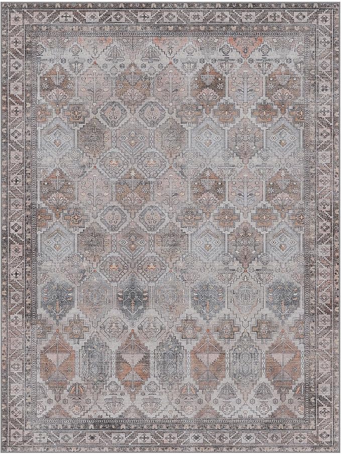 Bavni Washable Rug 3x5 Area Rug for Living Room Bedroom Dining, Washable Vintage Print Carpet, Ultra-Thin Chenille Low Pile Lightweight Rug with Non Slip Backing, Retro Grey