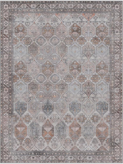 Bavni Washable Rug 6x9 Area Rug for Living Room Bedroom Dining, Washable Vintage Print Carpet, Ultra-Thin Chenille Low Pile Lightweight Rug with Non Slip Backing, Retro Grey