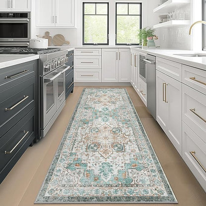 GENIMO 2x4 Runner Rugs for Hallway, Machine Washable Non Slip Vintage Rugs, Low Pile Lightweight Soft Print Rug for enrtyway, Corridor, Home Office, Kitchen, Cyan