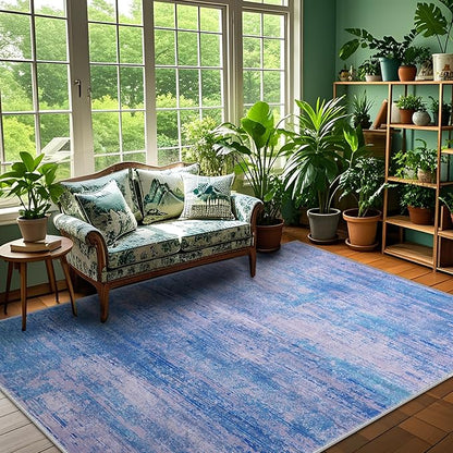 5x7 Abstract Area Rugs for Living Room, Modern Washable Indoor Rug for Bedroom, Thin Soft Large Non-Slip Carpet for Dining Room Home Office Farmhouse Decor - Abstract Blue Purple