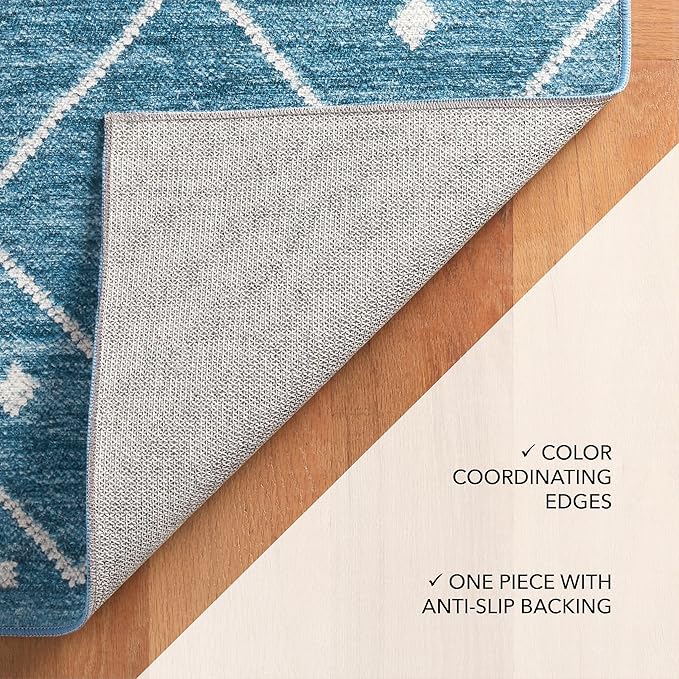 Dash and Albert Kota Machine Washable Area Rug - 3' x 5' Indigo - Diamond Accent Rug - Anti-Slip Backing, Lightweight, Machine Washable, High Traffic Areas Kitchen, Mudroom, Laundry Room