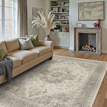 8x10 Washable Area Rug Beige Grey Vintage Distressed Large Rug for Living Room Oriental Soft Thin Indoor Retro Gray Carpet Non Slip Low Pile Floor Cover Bedroom Dining Room Office Nursery