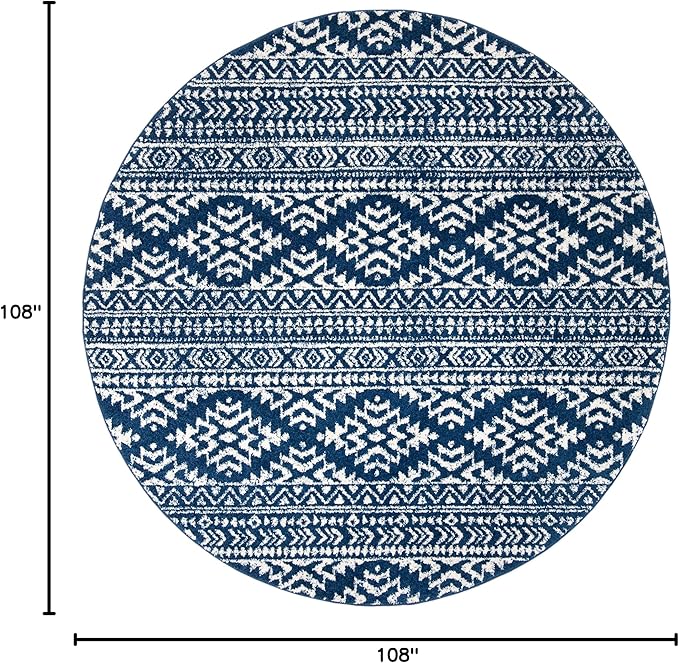 SAFAVIEH Tulum Collection Area Rug - 9' Round, Navy & Ivory, Moroccan Boho Tribal Design, Non-Shedding & Easy to Clean, Ideal for Living Room, Bedroom, Dining Space (TUL272N)