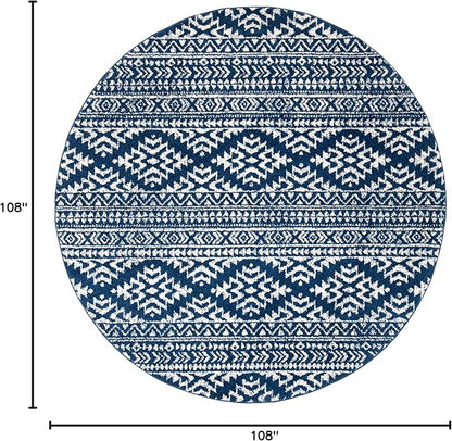 SAFAVIEH Tulum Collection Area Rug - 9' Round, Navy & Ivory, Moroccan Boho Tribal Design, Non-Shedding & Easy to Clean, Ideal for Living Room, Bedroom, Dining Space (TUL272N)