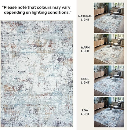GLN Rugs Contemporary Collection - Machine Washable Area Rug, Contemporary Washable, Non Slip, Low Pile Chenille Rug, Living Room, Bedroom, Kitchen Rug (6' x 9' White/Grey/Blue/Brown)