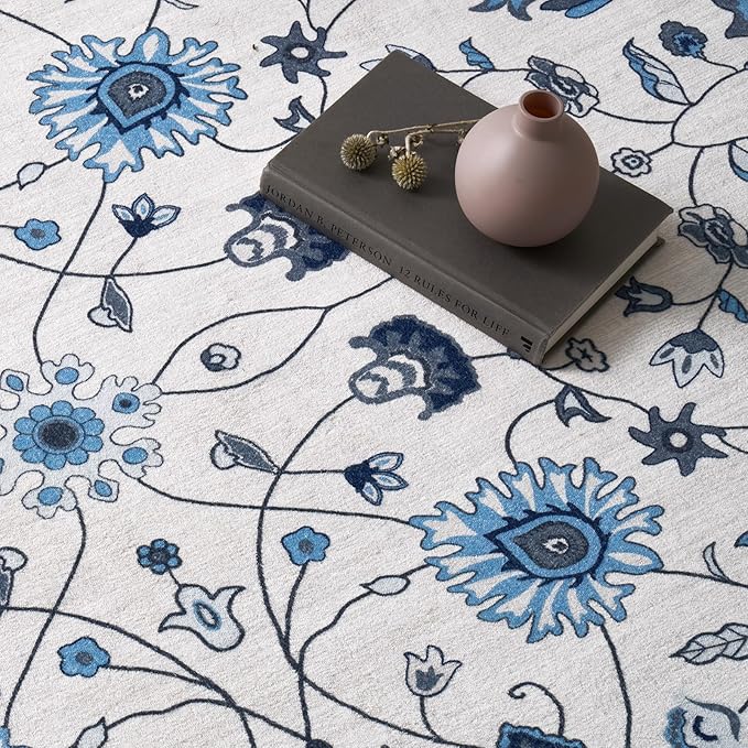 EVERGRACE Area Rugs for Living Room 8x10, Boho Floral Faux Wool Indoor Outdoor Rugs, Washable Rugs for Bedroom Dining Room Entryway Kitchen, Low Pile Floor Mat Carpet for Home Decor, Porcelain Blue