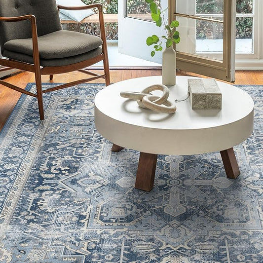 RUGGABLE Washable Vintage Area Rug – Kamran Admiral Blue 6x9, Stain-Resistant, Non-Slip – Medium Machine Washable Rugs for Living Room, Bedroom, Hallway, Entryway & Office–with Standard Pad
