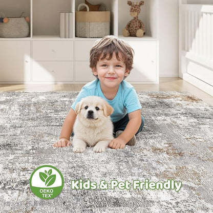 9x12 Area Rug Living Room: Washable Large Abstract Soft Stain Resistant Indoor Floor Rugs Non Slip Accent Carpet for Bedroom Nursery Playroom Office Dining Room Dorm Home House- Gray Rust