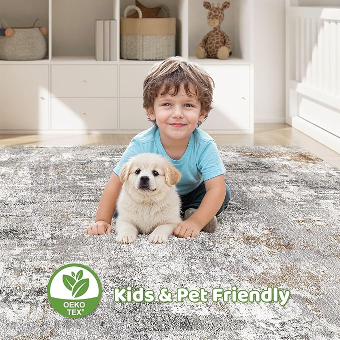5x8 Area Rug Living Room: Washable Large Abstract Soft Stain Resistant Indoor Floor Rugs Non-Slip Accent Carpet for Bedroom Nursery Playroom Office Dining Room Dorm Home House- Gray Rust
