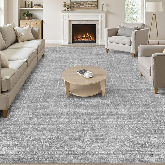 10x12 Area Rug Living Room: Washable Large Vintage Grey Rug Neutral Non-Slip Soft Stain Resistant Indoor Carpet for Bedroom Nursery Dining Room Under Table Bed Home House Office Playroom