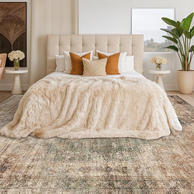 Vintage Distressed Medallion Rugs for Living Room - 9x12 Green and Brown Large Washable Rug for Bedroom, Dining Table, Ultra-Thin, Soft, Non Slip, Lightweighted Print Carpet