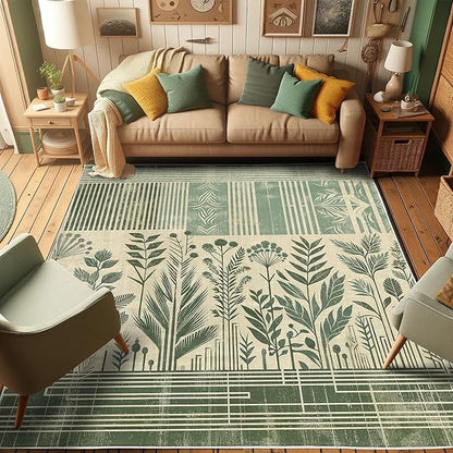 Ambesonne Leafy Design Decorative Rug, Boho Silhouettes of Jungle Leaves Grungy Stripes on Creamy Back, Quality Carpet for Bedroom Dorm and Living Room, 2' 2" x 3' 7", Laurel Green Champagne