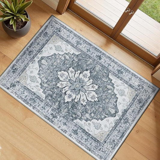 Area Rugs 2'x3' Washable Non-Slip, Floral Vintage Distress Print Pattern Medallion Carpet for Living Room Bedroom Dining Room, Light Gray Grey White