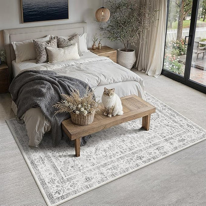 Grey 5x7 Area Rug Vintage Washable Living Room Carpet Non Slip Bedroom Indoor Office Low Pile Traditional Distressed Retro Accent Rug for Dining Room Bathroom Kitchen