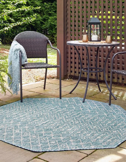 Unique Loom Outdoor Trellis Collection Area Rug - Tribal Trellis (7' 10" Octagon, Aqua/ Ivory)