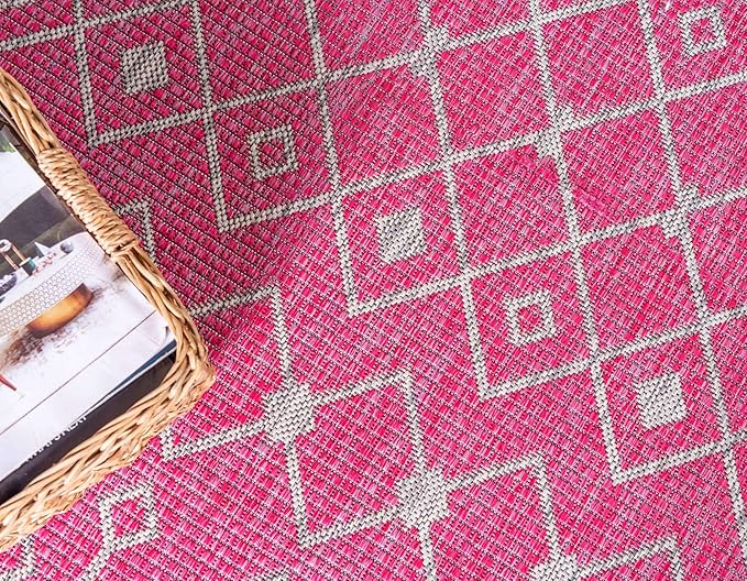 Unique Loom Outdoor Trellis Collection Area Rug - Tribal Trellis (9' x 12' Rectangle, Fuschia/ Gray)