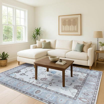 Fame Living Faded Oushak Rug, Turkish Vintage Floral Pastel Large Oversized Area Rugs for Living Room Dining Bedroom Kitchen Bathroom Nursery (854CGRY, 7'5" x 9'9")