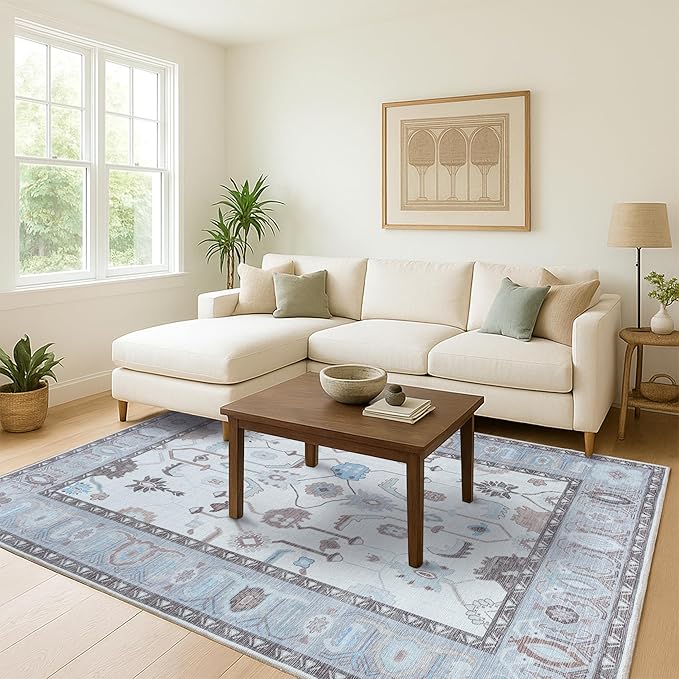 Fame Living Crean Grey Oushak Rug, Modern, Vintage, Turkish, Eclectic, Floral, Pastel, Washable, Area Rugs for Living Room, Dining, Bedroom, Office, Entryway, Foyer, Playroom, Nursery, 5'x6'9"