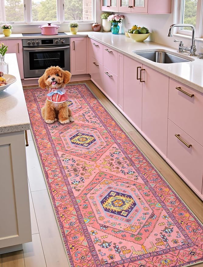 SERISSA Runner Rug for Hallways, 2'6"x10' Washable Non Slip Kitchen Runner Rug, Ultra Soft Cute Boho Aesthetic Rug Long Fuchsia Pink Floor Carpet for Bedroom Bathroom Laundry Living Room