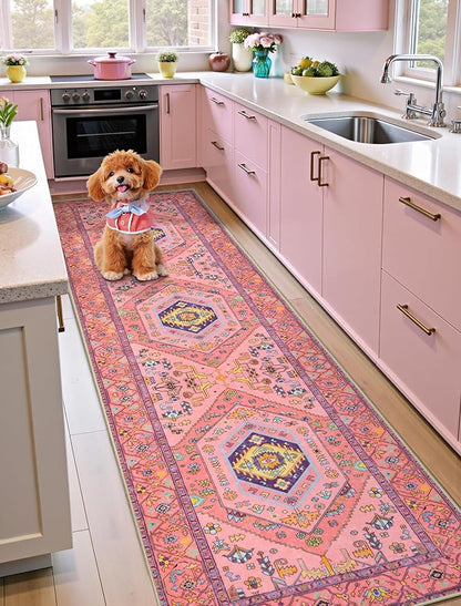 SERISSA Runner Rug for Hallways, 2'6"x10' Washable Non Slip Kitchen Runner Rug, Ultra Soft Cute Boho Aesthetic Rug Long Fuchsia Pink Floor Carpet for Bedroom Bathroom Laundry Living Room