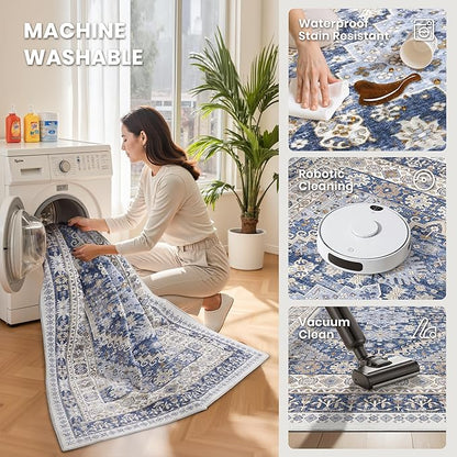 zesthome 5x8 Area Rugs - Ultra-Thin Washble Rug, Stain Resistant Anti Slip Backing Rugs for Living Room,Bedroom, Vintage Home Decor Area Rug (Blue/Beige,5'x8')