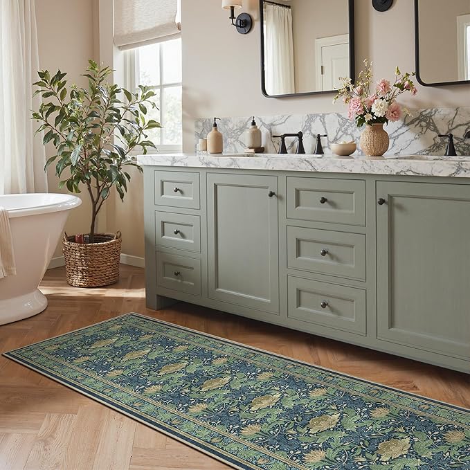 Bavni 2'6''x10 Runner Rug,Microfiber Washable Non-Slip Vintage Floral Rugs,Low Pile Lightweight Carpet for Bedroom,Hallway,Entryway,Kitchen,Bathroom, Tea Green/Blue