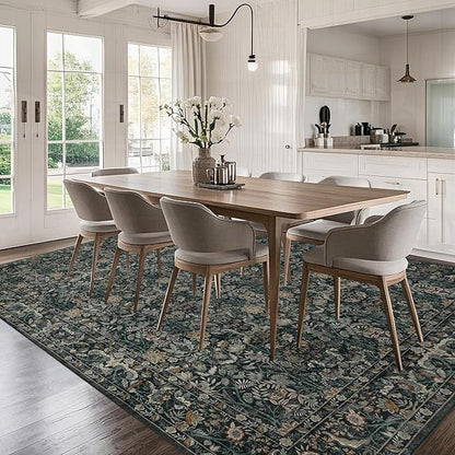 Washable Living Room Rug: 9x12 Boho Floral Soft Area Rug for Bedroom Decor - Vintage Low Pile Thin Carpet for Dining Room Non-Slip - Farmhouse Stain Resistant Rugs - Dark Green