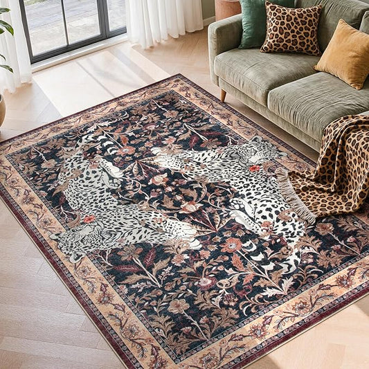 Moynesa Leopard Washable Area Rugs for Living Room, 5x7 Vintage Soft Rug for Bedroom, Non Slip Boho Ultra Thin Large Stain Resistant Throw Rug for Dining Guest Room, Puce Red