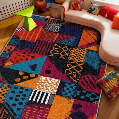 Geometric Area Rugs - Abstract Patchwork Ethic Rug 3x5, Multicolor Retro Aesthetic Washable Lightweight Carpet Room Decor #C016