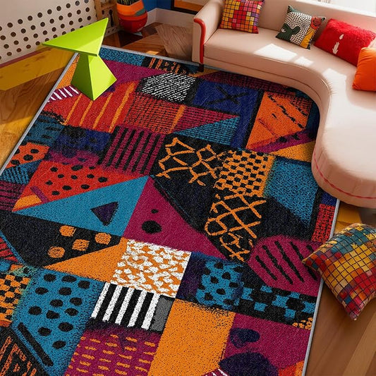 Geometric Area Rugs - Abstract Patchwork Ethic Rug 3x5, Multicolor Retro Aesthetic Washable Lightweight Carpet Room Decor #C016