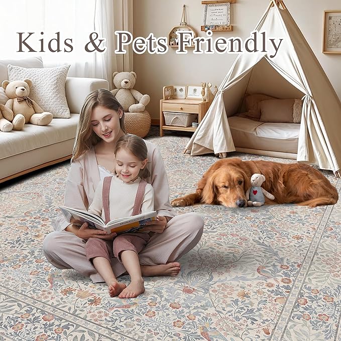 9x12 Floral Washable Area Rugs for Living Room, Vintage Boho Large Rug for Bedroom Dining Room， Distressed Botanical Birds Non Slip Low Pile Forest Animal Throw Carpet for Farmhouse Office, Beige Blue