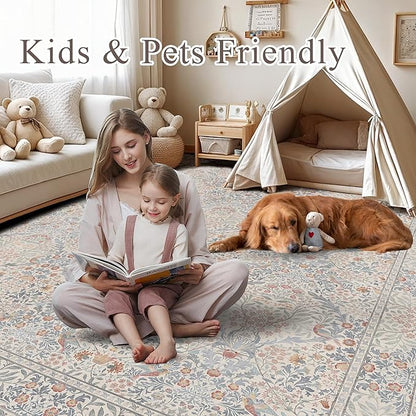 5x7 Floral Washable Area Rugs for Living Room, Vintage Boho Large Rug for Bedroom Dining Room, Distressed Botanical Birds Non Slip Low Pile Forest Animal Throw Carpet for Farmhouse Office, Beige Blue