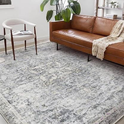 Washable Area Rug 9'x12' Retro Boho Design Non-Shedding Easy Care Ideal for High Traffic Areas in Living Room Bedroom Office Coffee Table Kitchen Large Carpet