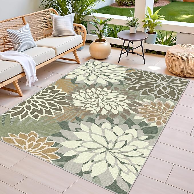 3x5 Washable Rug for Living Room Tropical Botanical Modern Floral Chenille Area Rugs Low Pile Non Slip Carpet for Patio, Bedroom, Laundry, Taupe