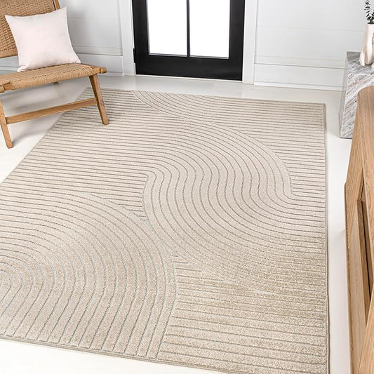 JONATHAN Y Hallie High-Low Curve Beige/Cream 5x8 Indoor/Outdoor Area Rug, Minimalist Geometric, Pet Friendly, for Patio, Backyard, Living Room, Bedroom, Office, Hose-Washable (SCN100D-5)
