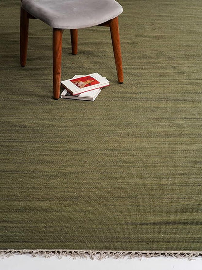 Rugsotic Carpets Hand Woven Flat Weave Kilim Wool ECO-Friendly Area Rugs - 10'x13', Rectangle Shape, Olive Color, Solid Plain Design, Low Pile Handmade Area Rugs for Living Room, Bed Room (D00111)