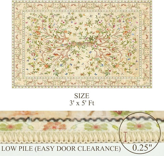 3x5 Area Rug Washable, Non-Slip Small Rug Carpet, Floral Boho Low Pile Soft Throw Rugs for Entryway, Bedroom, Kids Room, Dorm, Office, Nursery, Vintage Home Decor（Beige）