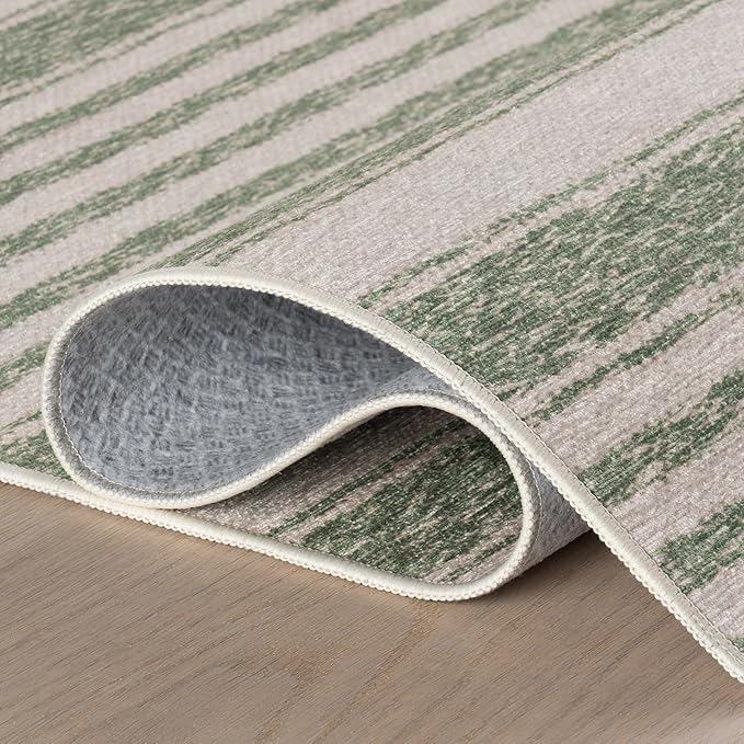 Dash & Albert Xaren Green Machine Washable Rug, 9.5 X 13.5 Feet, Green/Grey Stripe Pattern