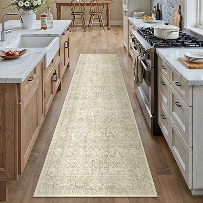 Beige Runner Rug 2x8 Vintage Area Carpet Hallway Long Indoor Kitchen Washable Living Room Low Pile Traditional Distressed Retro Accent Throw Rug Non Slip Laundry Bathroom Office