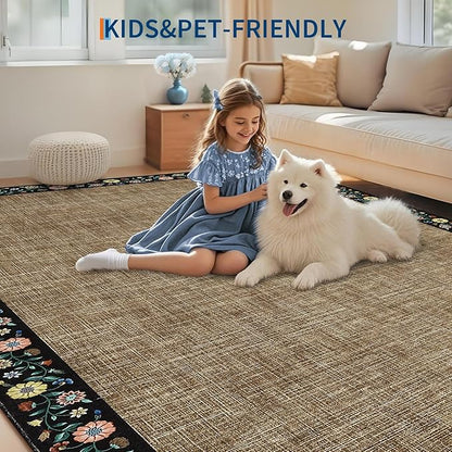 GarveeHome 10x13 Machine Washable Rugs for Living Room Large Area Rug Modern Floral Indoor Accent Carpet Low Pile Carpet Soft Throw Aesthetic Floor Cover for Bedroom Laundry Dining Room, Brown